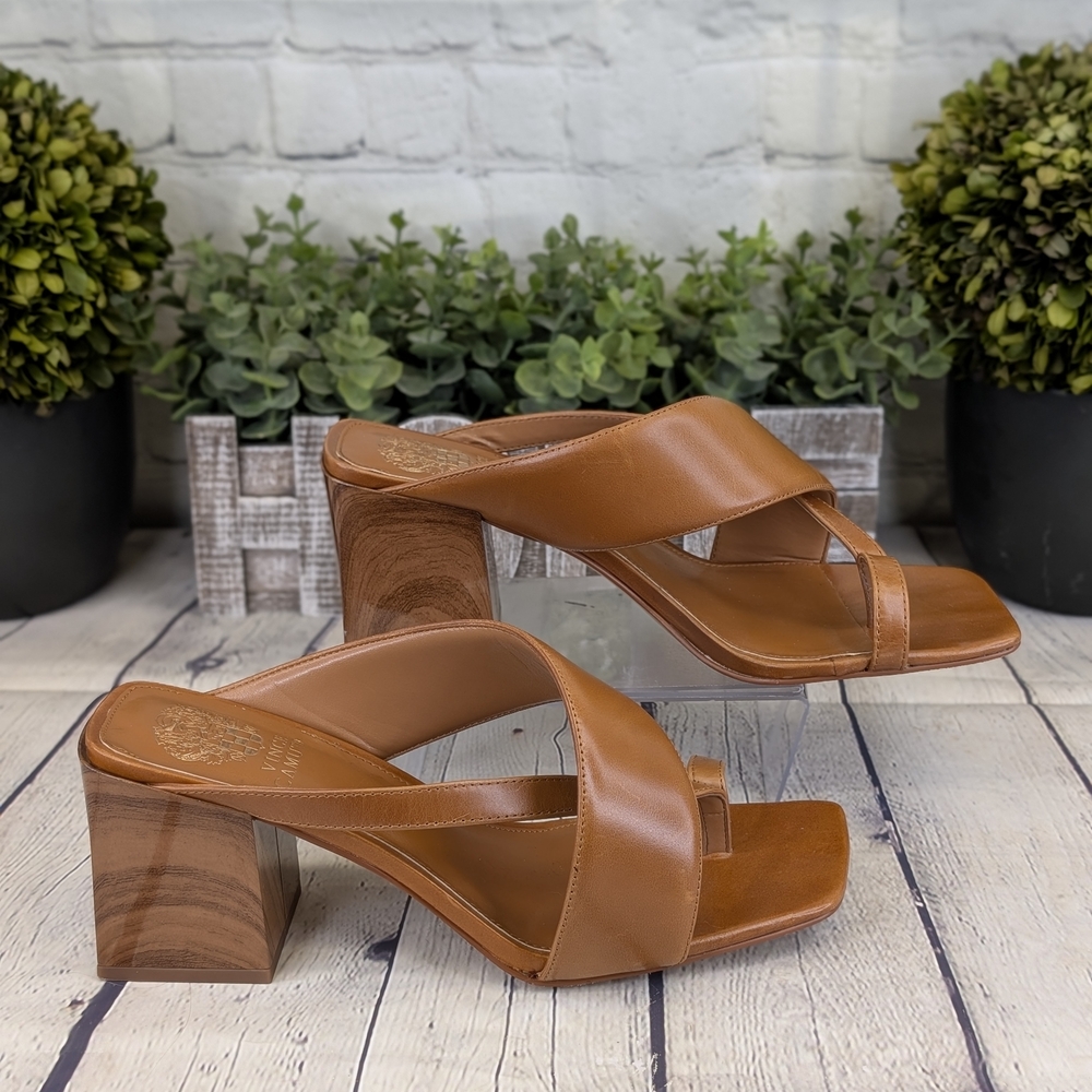 Vince Camuto Tan Leather Block Heel Sandals - Picture 5 of 11